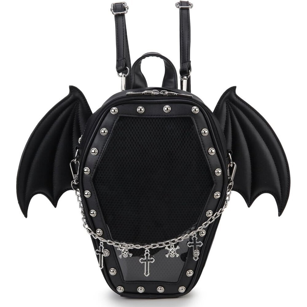 Women's Black Wings Gothic Coffin Shape Fashion Purse And Halloween Shoulder Bag